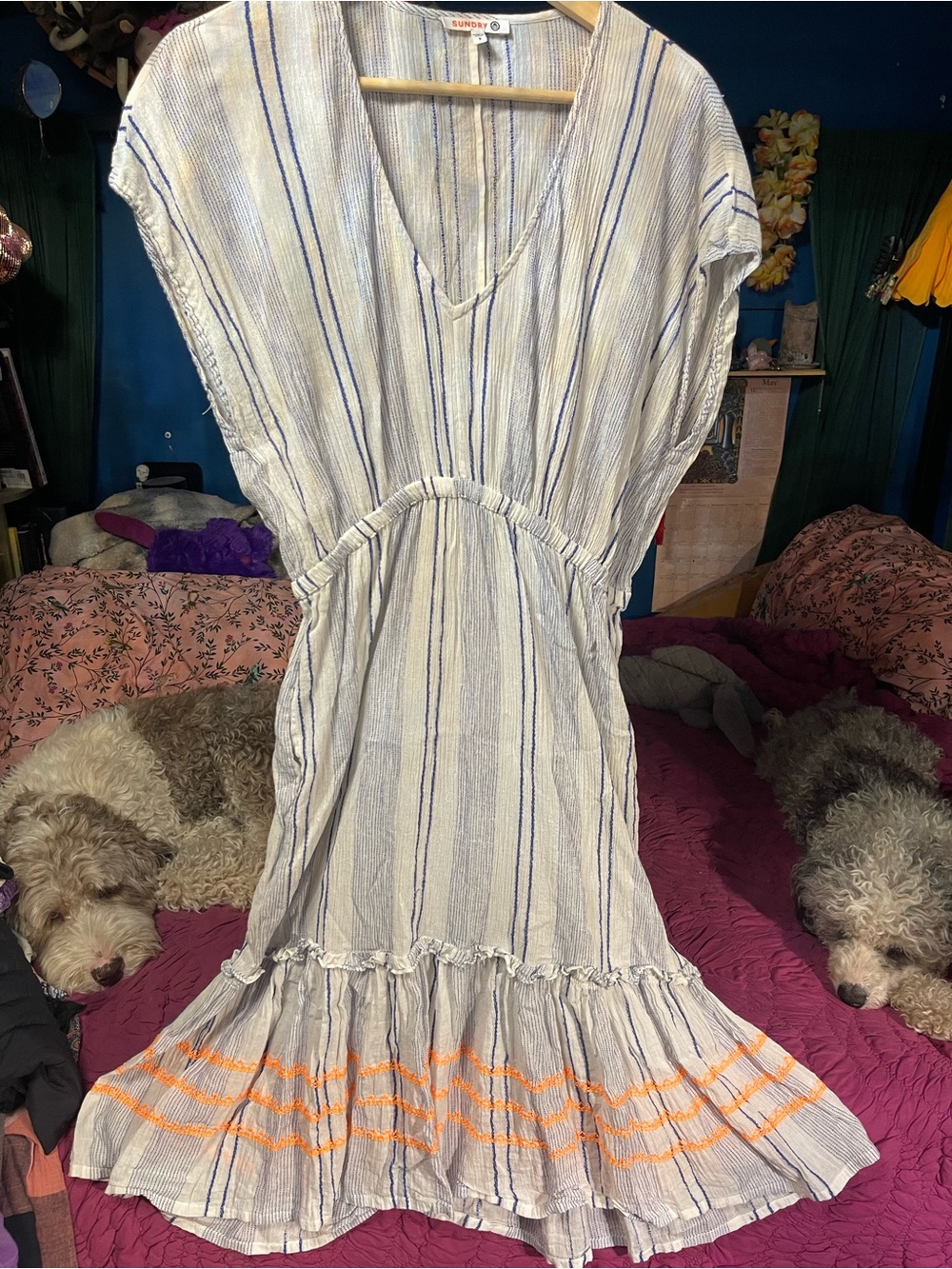 Lightweight Linen Striped V-Neck Dress with Orange Hem Detail